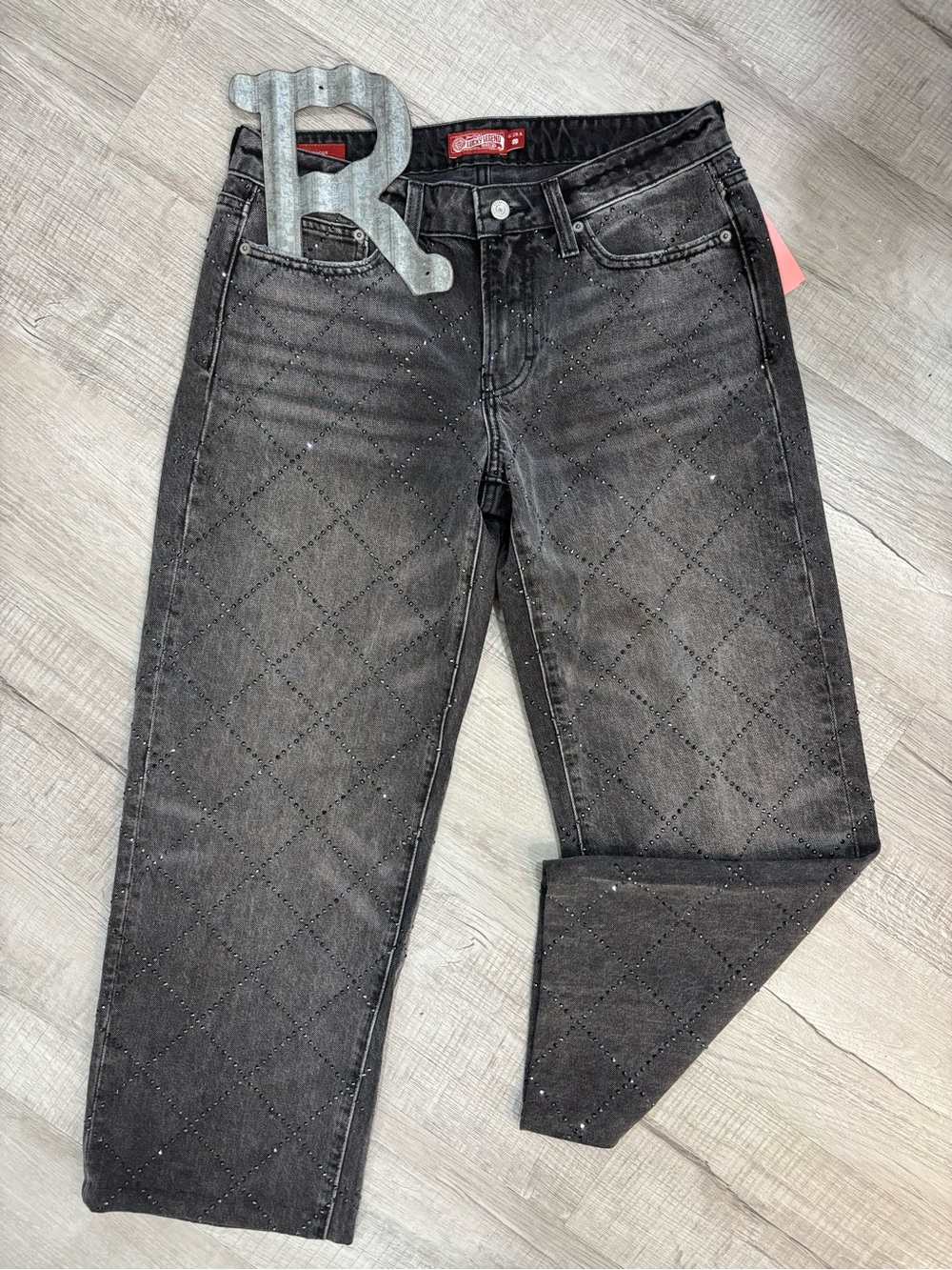 Lucky Brand Black Quilted-Effect Straight Leg Jeans with Subtle Sparkle